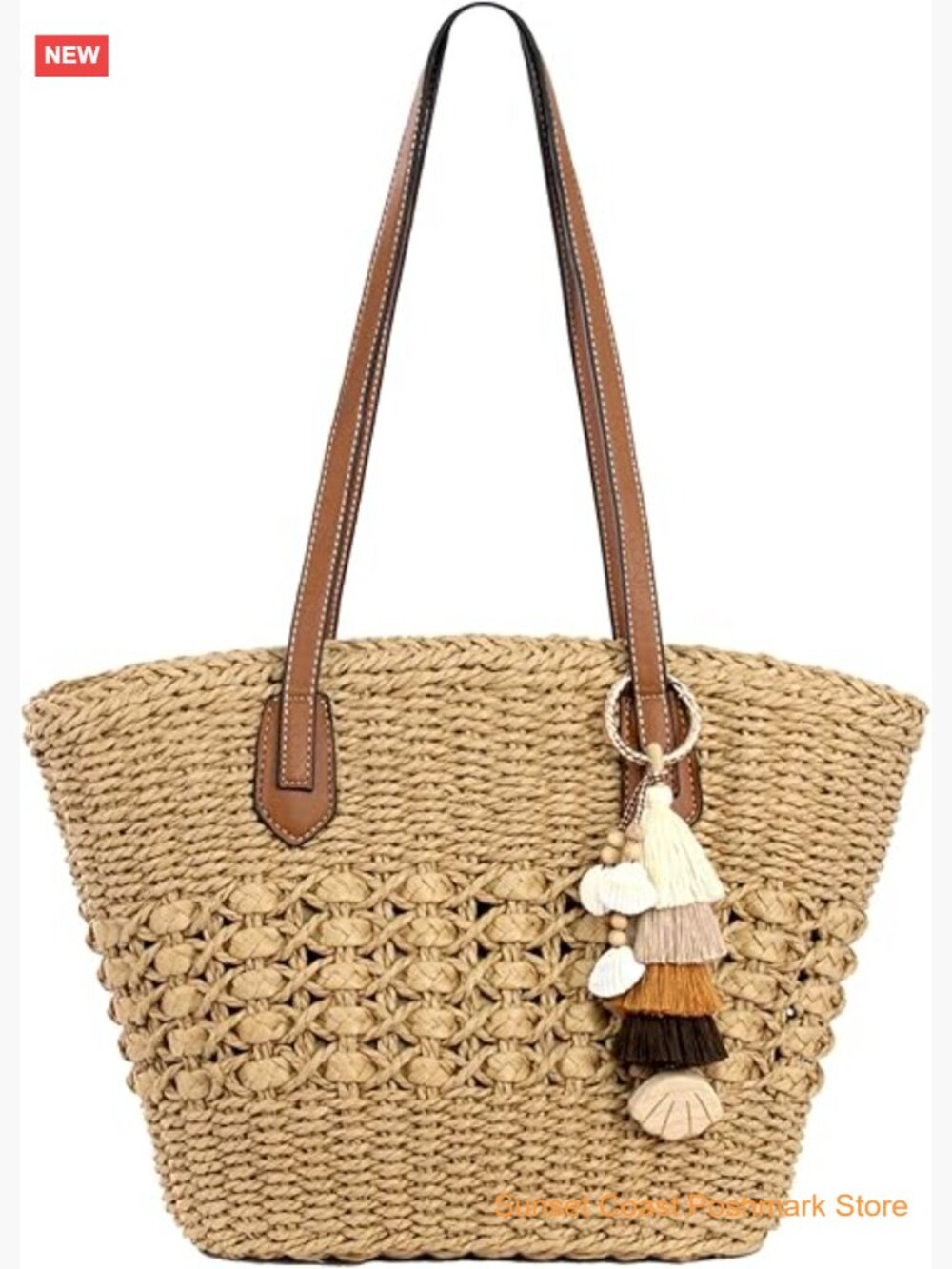 Handmade Large Woven Raffia Straw Tote Shoulder Bag with Tassel Hat Clip